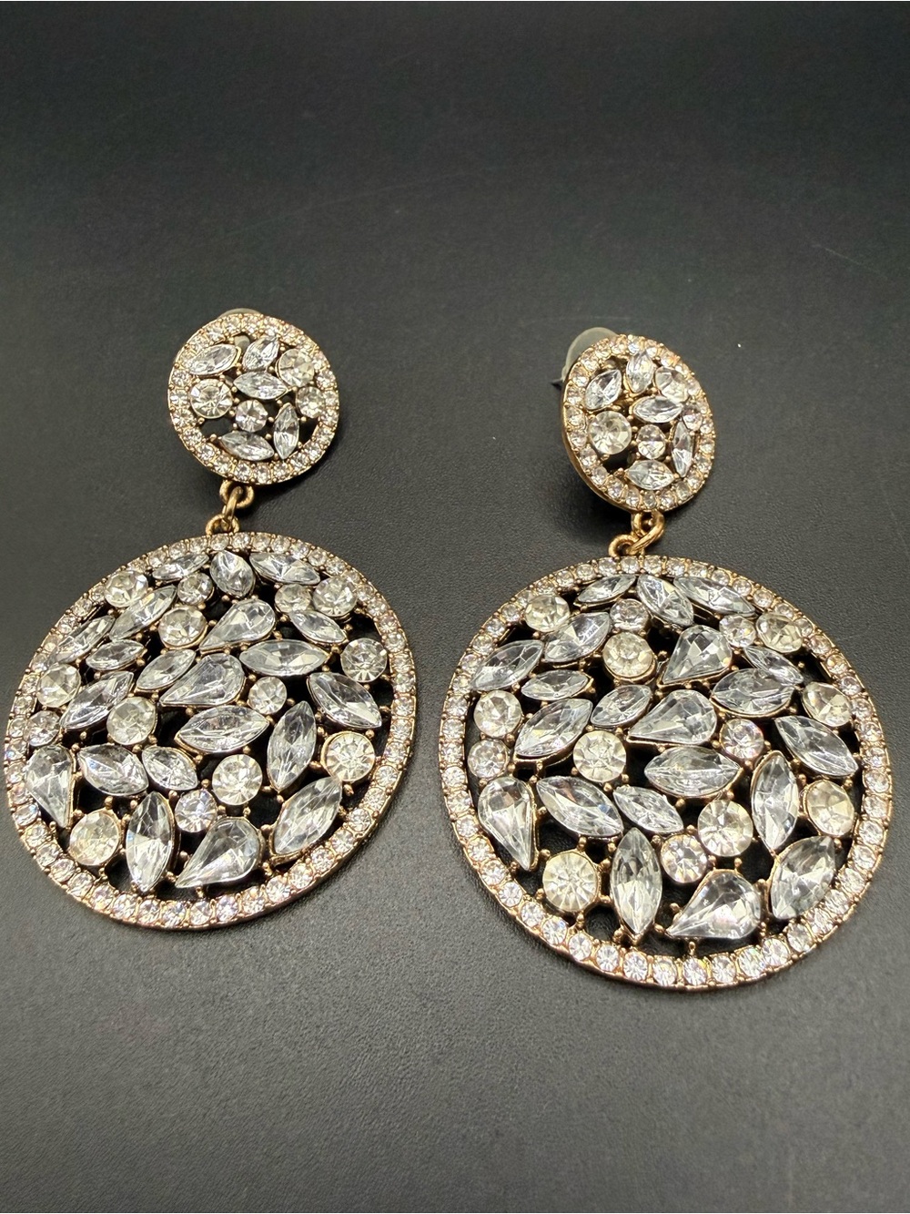 Gold-tone Drop Round Earrings featuring Clear Rhinestone Crystals